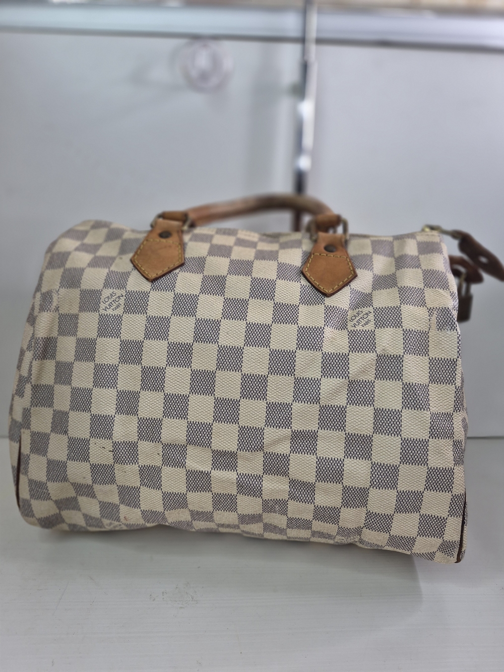 Louis Vuitton Damier Azur Canvas Speedy in Cream and Brown